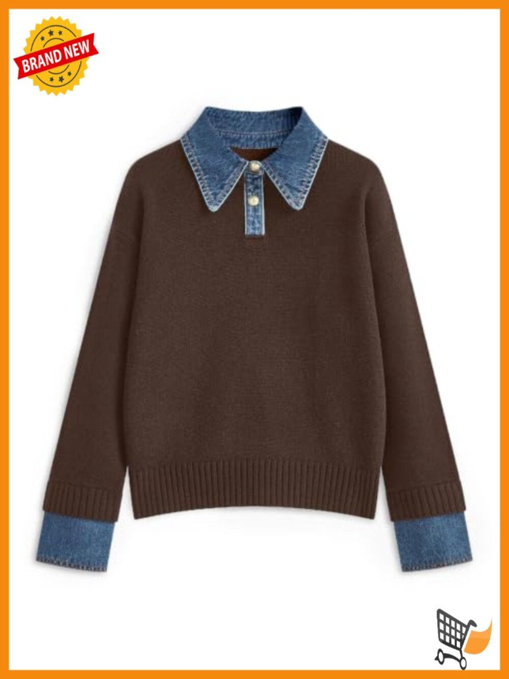 Oversized Denim Collar Polo Sweater Knit Pullover Long Sleeve